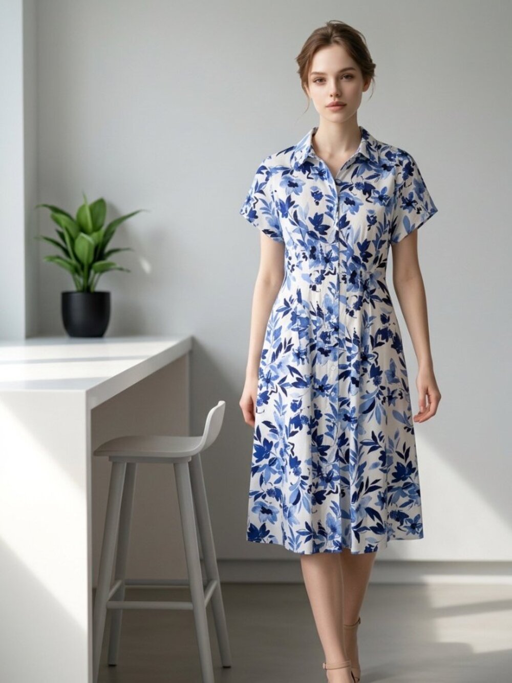 NWT Ruby + Remi Blue White Floral Button Front Midi Shirt Dress Size L